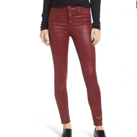 AG Farrah High Rise Ankle Skinny Coated Leatherette Jean, Rich Crimson - Picture 1 of 9